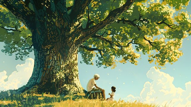 Young learner engages with elder under verdant oak canopy