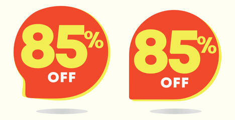 85% off. Special offer tag, sticker. Poster, percent price, value. Red balloon shape. Advertising campaign. Sales, promo, store, mall, retail. Vector set icon