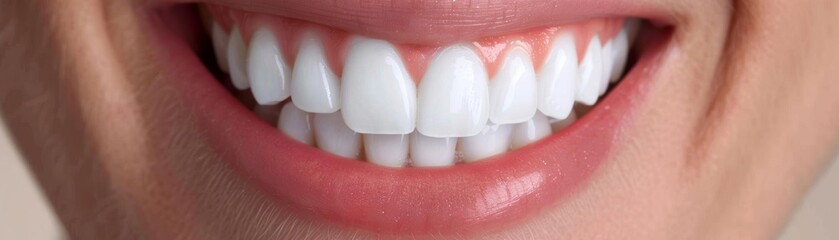 Close up of a smiling woman's mouth with healthy white teeth and pink lips