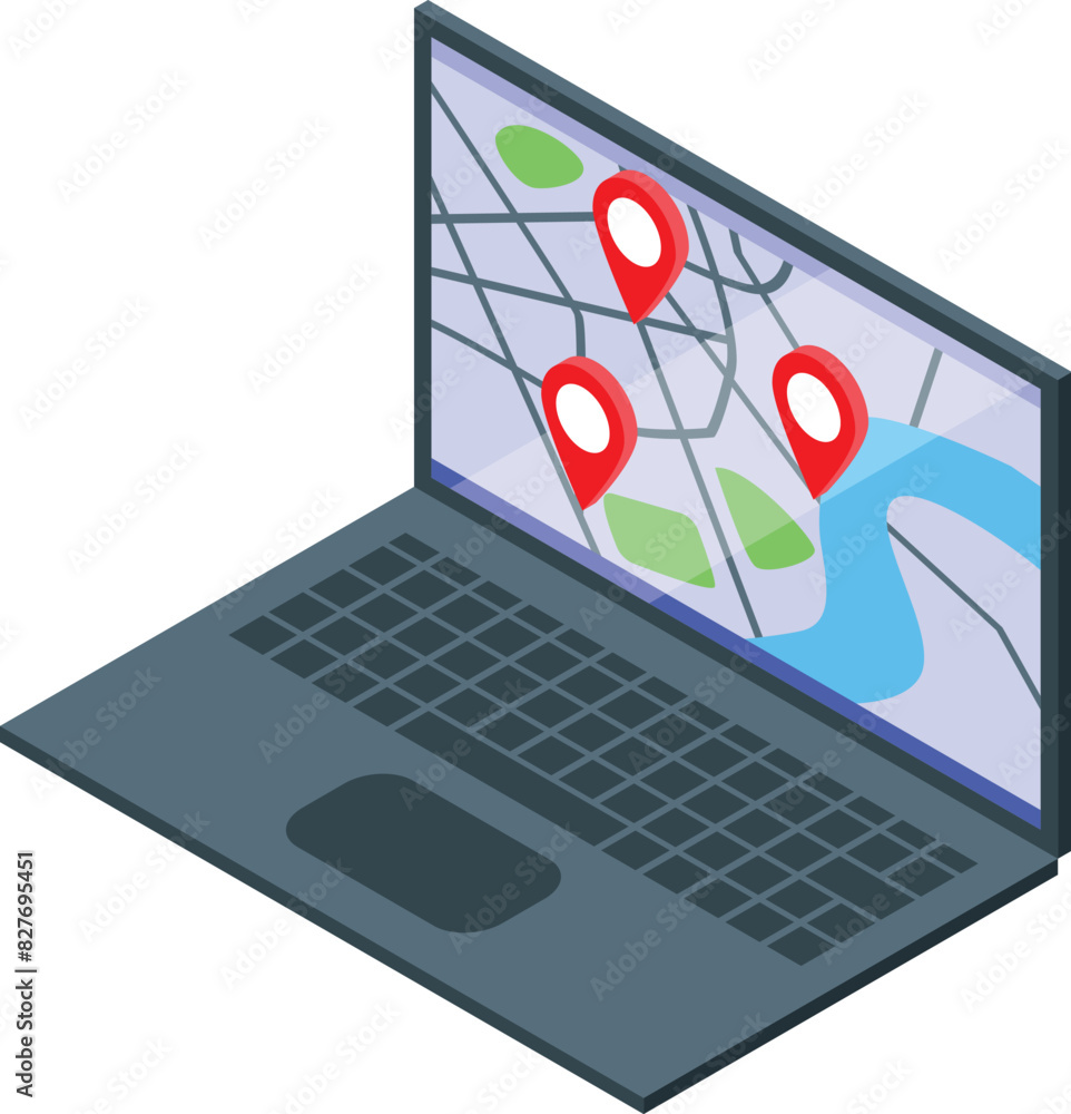 Poster 3d illustration of an open laptop displaying a navigational map with red location pins