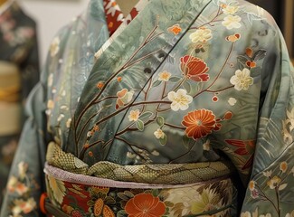 A kimono with a pattern of cherry blossoms and mandarin ducks
