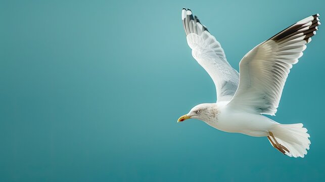 Seagull Flying Banner. Seagull gliding against a blue backdrop with space for text