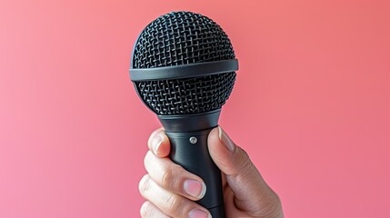 The black microphone is being held by the hand against a pink backdrop