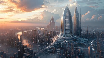 Naklejka premium The cityscape of the future showcases a majestic skyscraper that pierces the sky, a vibrant street teeming with activity, and a lively river coursing through its heart