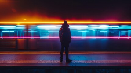 Man Waiting on Platform with Neon Lights