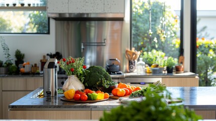 Healthy plant-based cooking at home, showcasing vibrant vegetable dishes being prepared in a modern kitchen, with minimalist dcor and plenty of natural ligh