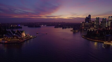 Naklejka premium imagine a breathtaking aerial view of Sydney's skyline at dusk, with the city lights reflecting off the harbor and the iconic Opera House in the background --ar 16:9 --style raw 