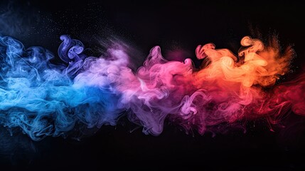 Colorful smoke swirls and flows in the darkness. The smoke is blue, pink, and orange.
