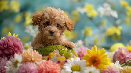 A Toy Poodle puppy peeking out of a rock filled with moss and surrounded by springtime flowers.