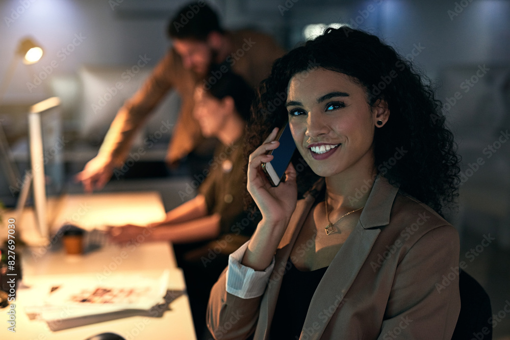 Poster business woman, phone call and job portrait with coworking office and networking with smile. happy, 