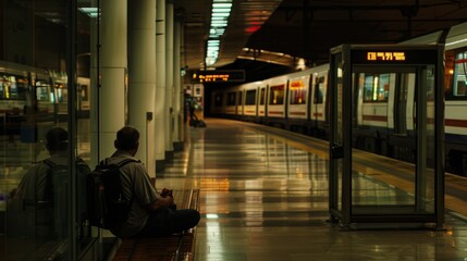 Man Waiting for Airport Train in Barcelona