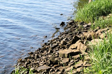 River bank with green grass and stones