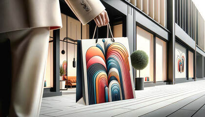 A person carrying a stylish shopping bag with a colourful abstract design in front of a modern store, capturing the elegance of contemporary retail and artful shopping.
