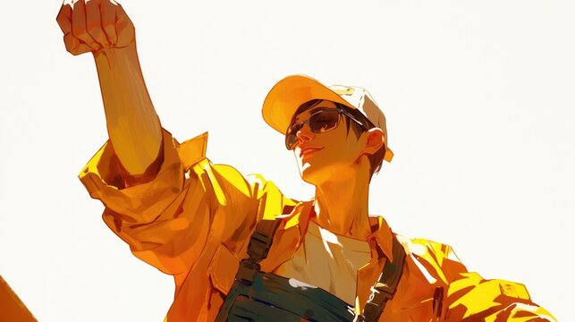 An image capturing a worker striking a gutsy pose against a white backdrop