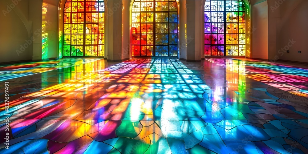 Poster creating a colorful and unique atmosphere with stained glass floors and windows. concept stained gla