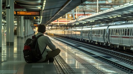 Man Waiting for Airport Train in Barcelona