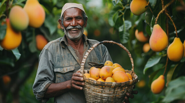 indian farmer holding mango fruit Baskets