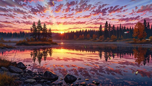 Sunrise from small mountains overlooking Drammen's lake, presented in a 4k looping video.