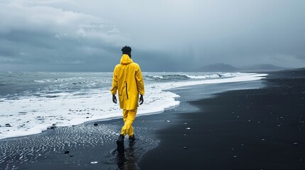 Man in Yellow Clothes Strolling Along Black Sand Beach, Minimalist Editorial Fashion