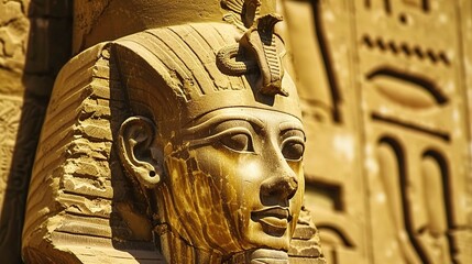 This is a close-up of a golden-colored statue depicting the head of what appears to be an ancient Egyptian pharaoh or deity. The face has a serene and composed expression, with detailed carvings that 