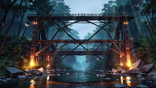 4k looping video showcasing a river waterfall amidst green trees with a crossing bridge in a tropical forest area.
