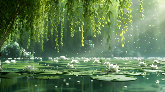 A tranquil pond surrounded by weeping willows and blooming water lilies