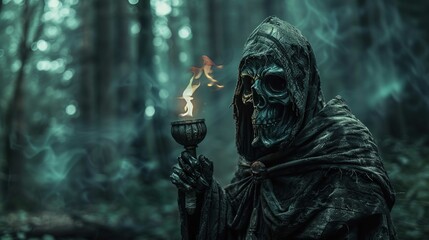The subject of the image is a figure clad in tattered dark robes with a hood that overshadows the face, giving the appearance of a skeleton or a grim reaper. The eye sockets are deep and dark, the mou