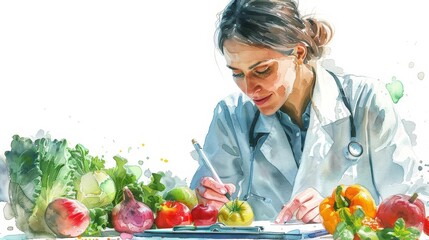 Professional Dietitian testing fruits and vegetables, clinical setting, closeup, clipboard and lab coat, focus on healthy eating, white background, copy space