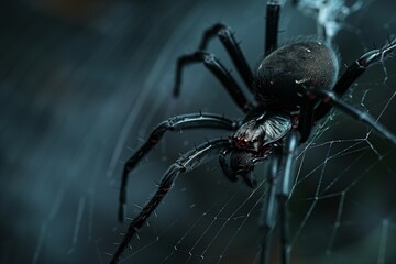 Obraz premium AI generated illustration of a black spider resting on its web
