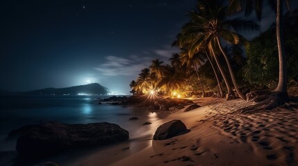 Beautiful beach with palm trees at night. Moon light.