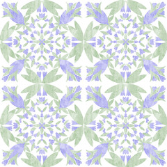 seamless pattern of watercolor illustration in the style of Portuguese tiles illustration of azulejos in boho style, abstract green and purple on a white background floral motifs