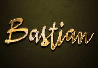 Old gold text effect of German name Bastian with 3D glossy style Mockup.