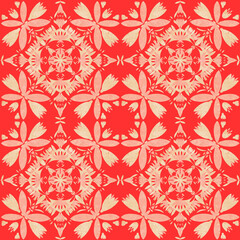 seamless pattern of watercolor illustration in the style of Portuguese tiles illustration of azulejos in boho style, abstract orange on a white red background floral motifs