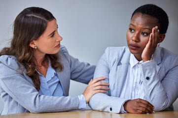 Sad, business woman and hr for therapy, help and emotional support with counselling in office....