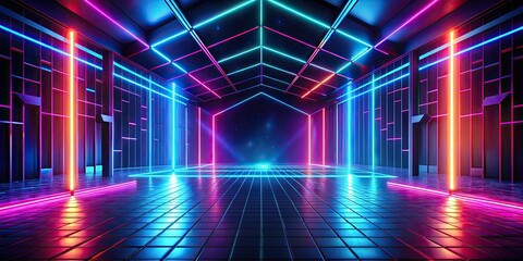 Neon Lit Corridor with Vibrant Colors and Reflections