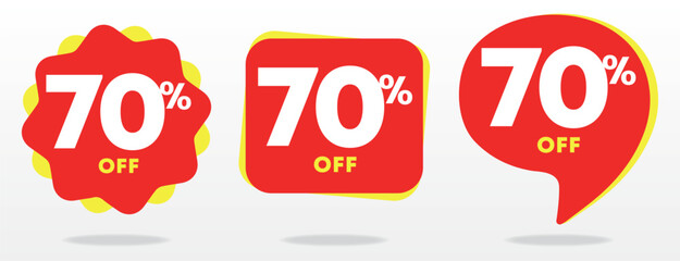 70% off. Discount price, value. Special offer tag, sticker. Advertising red, yellow, business. Campaign shop, sales, retail, store. Set, vector, icon