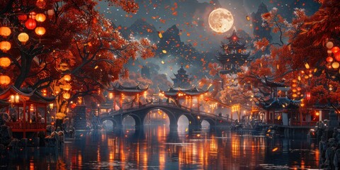 The photo shows a beautiful Chinese cityscape with a river, bridge and lanterns in the evening.