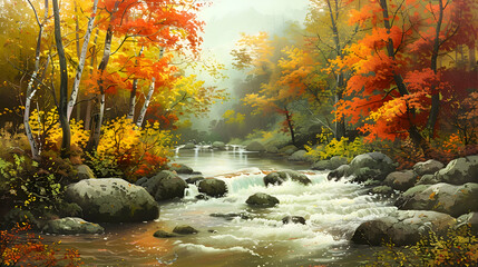 A tranquil river flowing through a peaceful forest with vibrant autumn colors