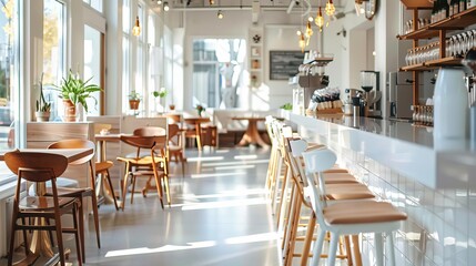 beautifully designed bistro cafe interior with clean white counter and wooden chairs morning sunlight