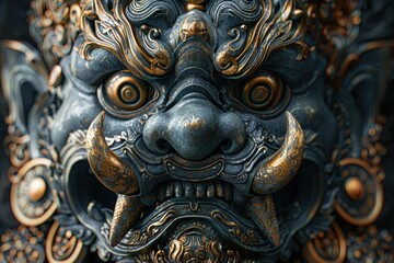 A close up of a traditional Balinese statue with intricate details and vibrant colors.
