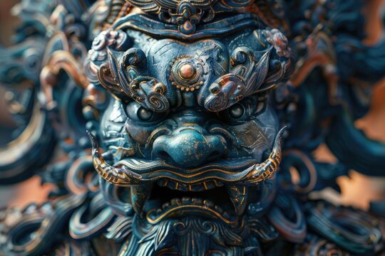 A close up of a weathered statue of a Foo Dog, a traditional Chinese guardian lion.