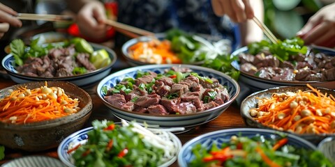 Obraz premium Experience the Delight of Vietnamese Cuisine: Savor Bo Luc Lac Shaking Beef with a Diverse Group of Food Enthusiasts. Concept Vietnamese Cuisine, Bo Luc Lac, Shaking Beef, Food Enthusiasts