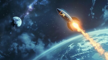 bitcoin rocket soaring over earth towards the moon cryptocurrency growth concept digital art
