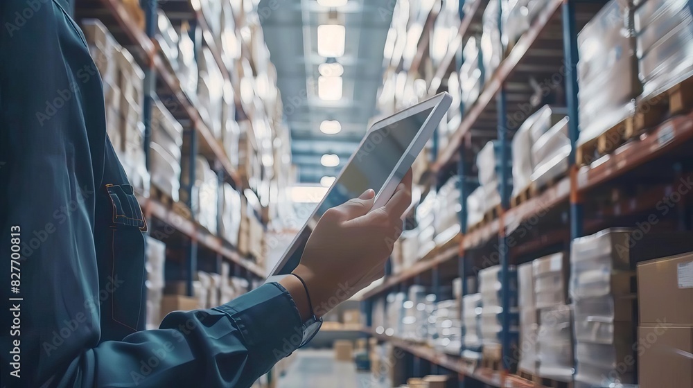 Wall mural blurred warehouse interior with worker holding tablet managing smart distribution system mobile barc