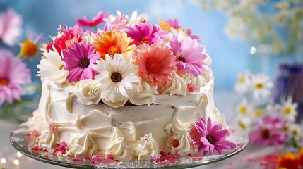 A festive birthday cake decorated with edible flowers and frosting swirls, a delightful centerpiece for the celebration. --ar 169 --v 6.0 - Image #2 @Pathaan_Zaib