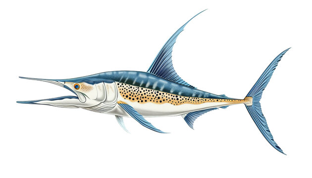 recommend clip art: Detailed illustration of a blue marlin, showcasing its vibrant colors and distinctive long bill, perfect for aquatic and marine-themed designs.