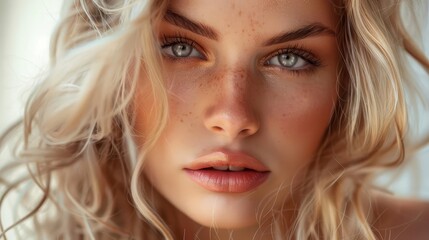 captivating blonde enchantress flawless skin studio perfection subtle makeup engaging gaze