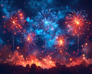 Fototapeta premium Happy independence day Fourth of July Greeting Cards with fireworks. Vintage Celebration With Sparklers And Defocused American Flag - USA memorial day. 