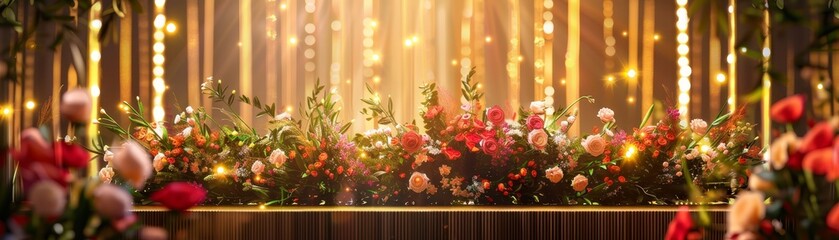 Elegant floral arrangement with glowing lights in the background, creating a warm and festive atmosphere, ideal for celebrations or events.