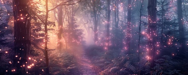 Ethereal forest scene with glowing lights at sunset, creating a magical ambiance. Dreamy woodland landscape perfect for fantasy and nature themes.